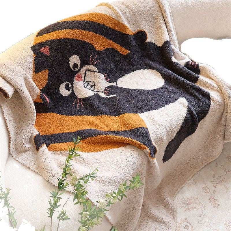 Plush Chenille Throw Blanket with Cartoon Cat Jacquard and Sherpa Backing