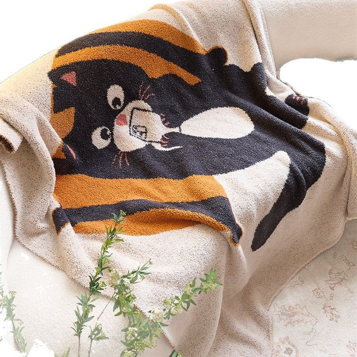 Plush Chenille Throw Blanket with Cartoon Cat Jacquard and Sherpa Backing