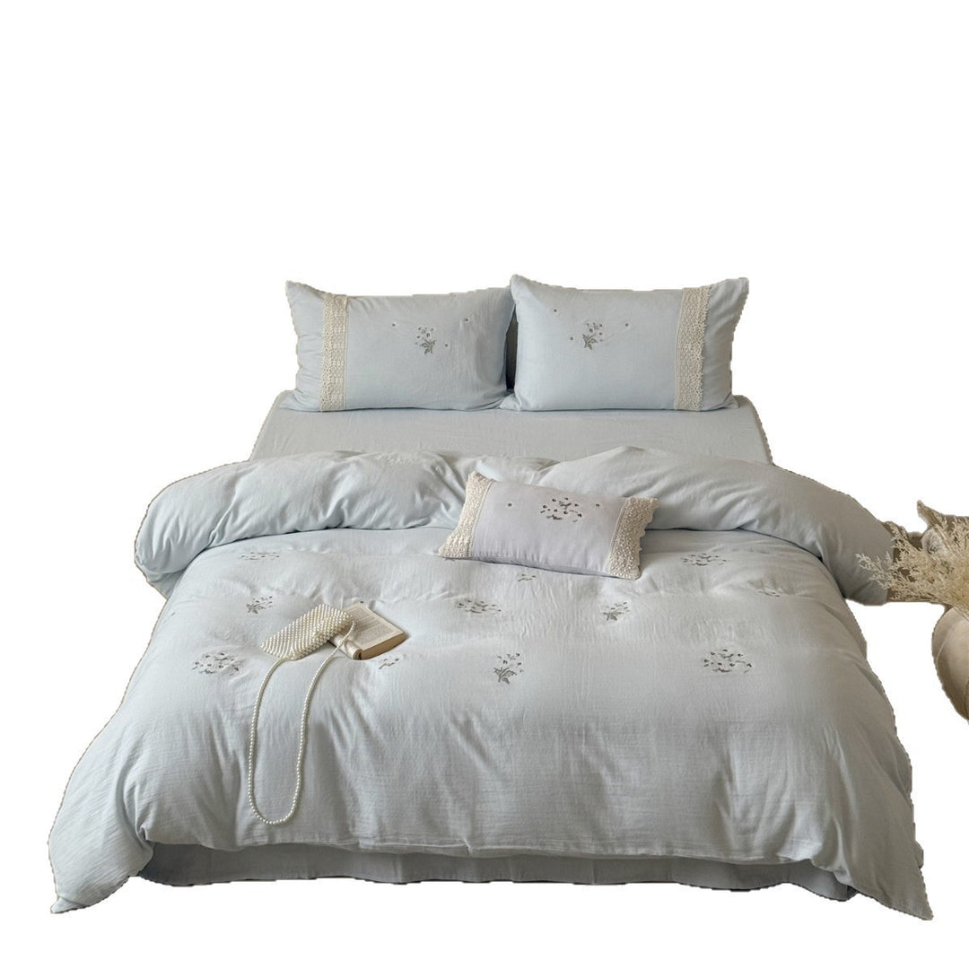 Embroidered Cotton-Linen Duvet Cover Set with Crochet Lace Trim & Pillow Shams