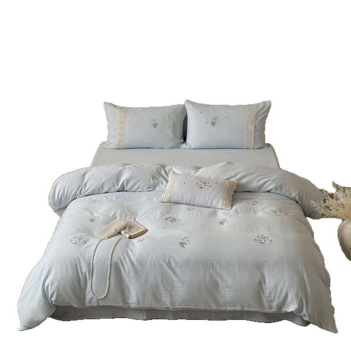 Embroidered Cotton-Linen Duvet Cover Set with Crochet Lace Trim & Pillow Shams