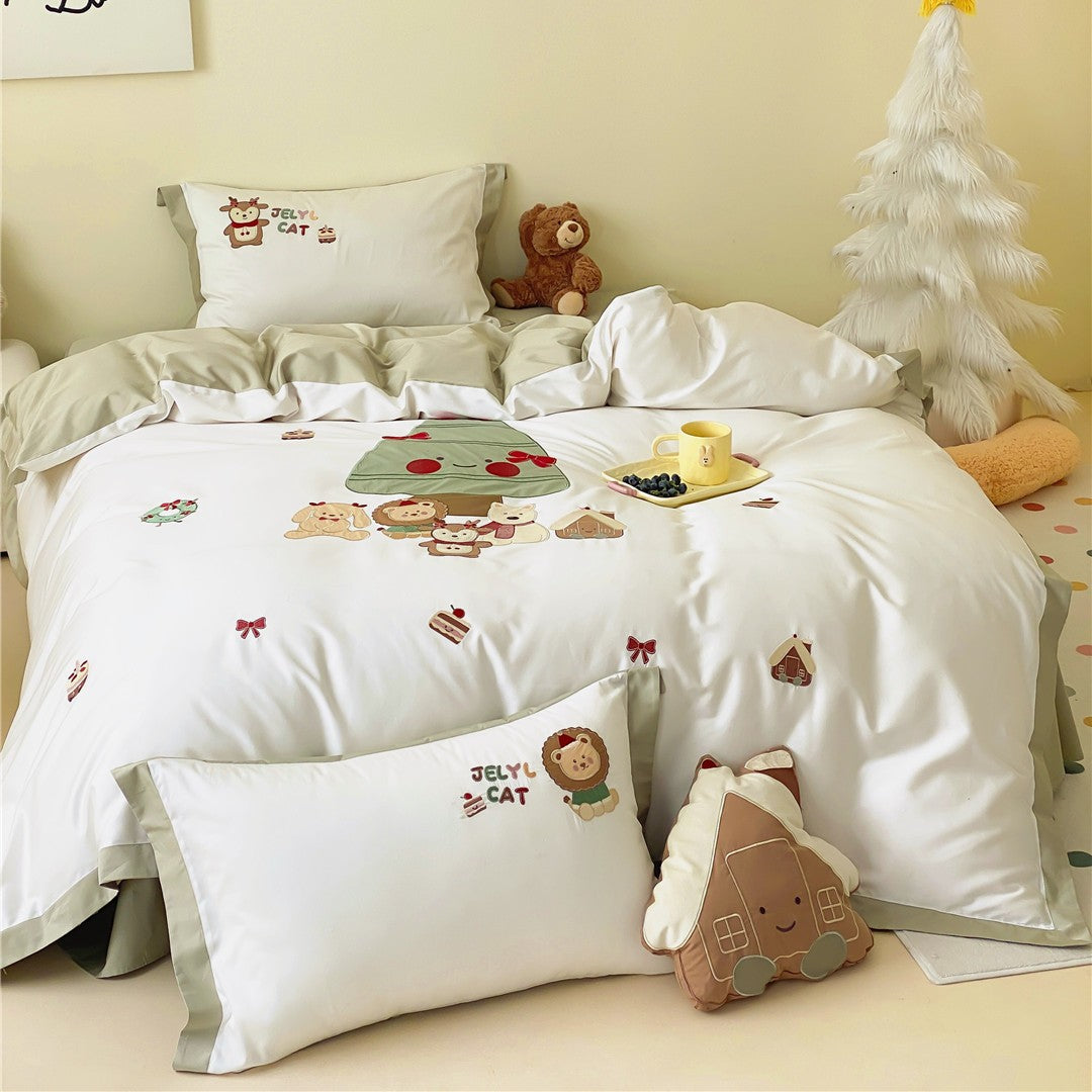 Cartoon Embroidered Kids Duvet Cover Bedding Set with Olive-Edge Pillow Shams