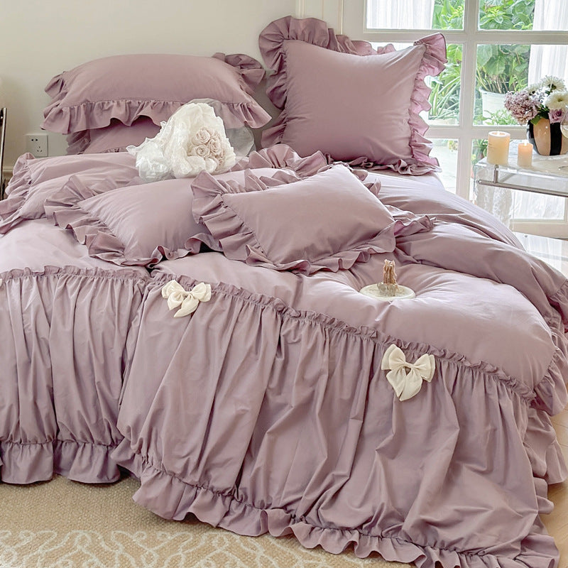 Ruffled Cotton Sateen Romantic Duvet Cover Ensemble with Gathered Skirt & Bow Accents