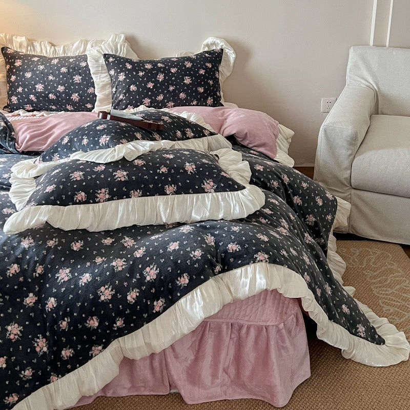 Floral Brushed Cotton Duvet Cover Set with Ruffled Satin Trim
