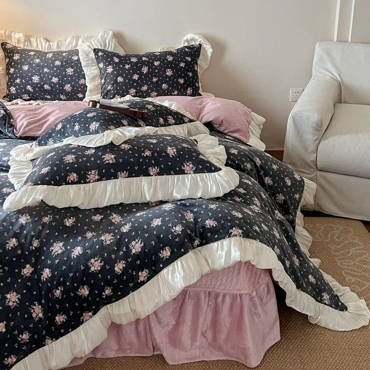 Floral Brushed Cotton Duvet Cover Set with Ruffled Satin Trim