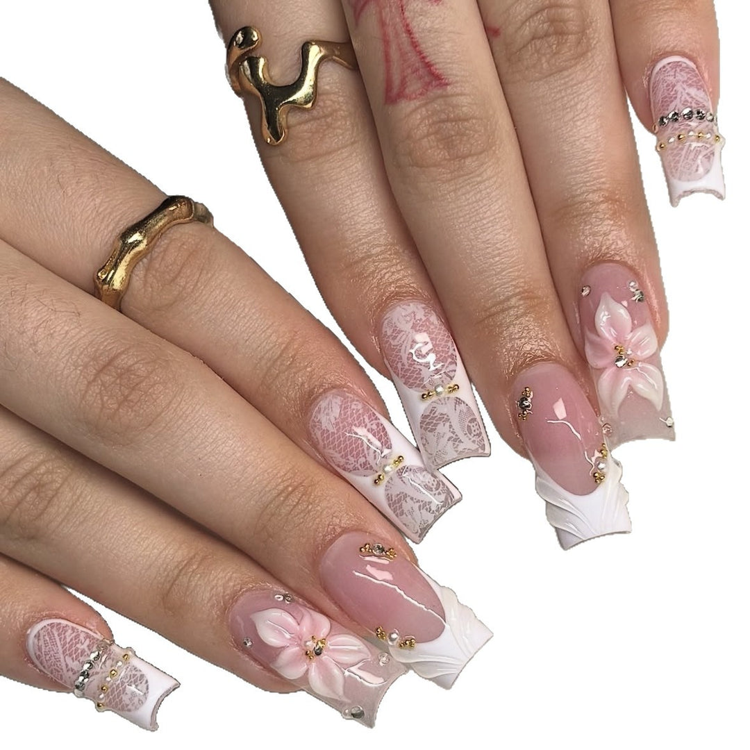 Elegant Floral Lace Design Press-On Nail Tips Stornfield