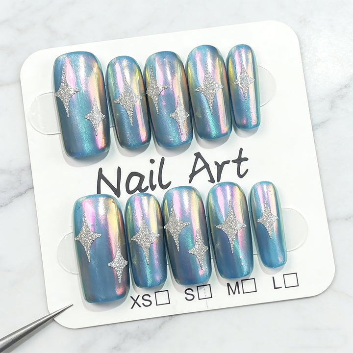 Holographic Star Design Press-On Nails