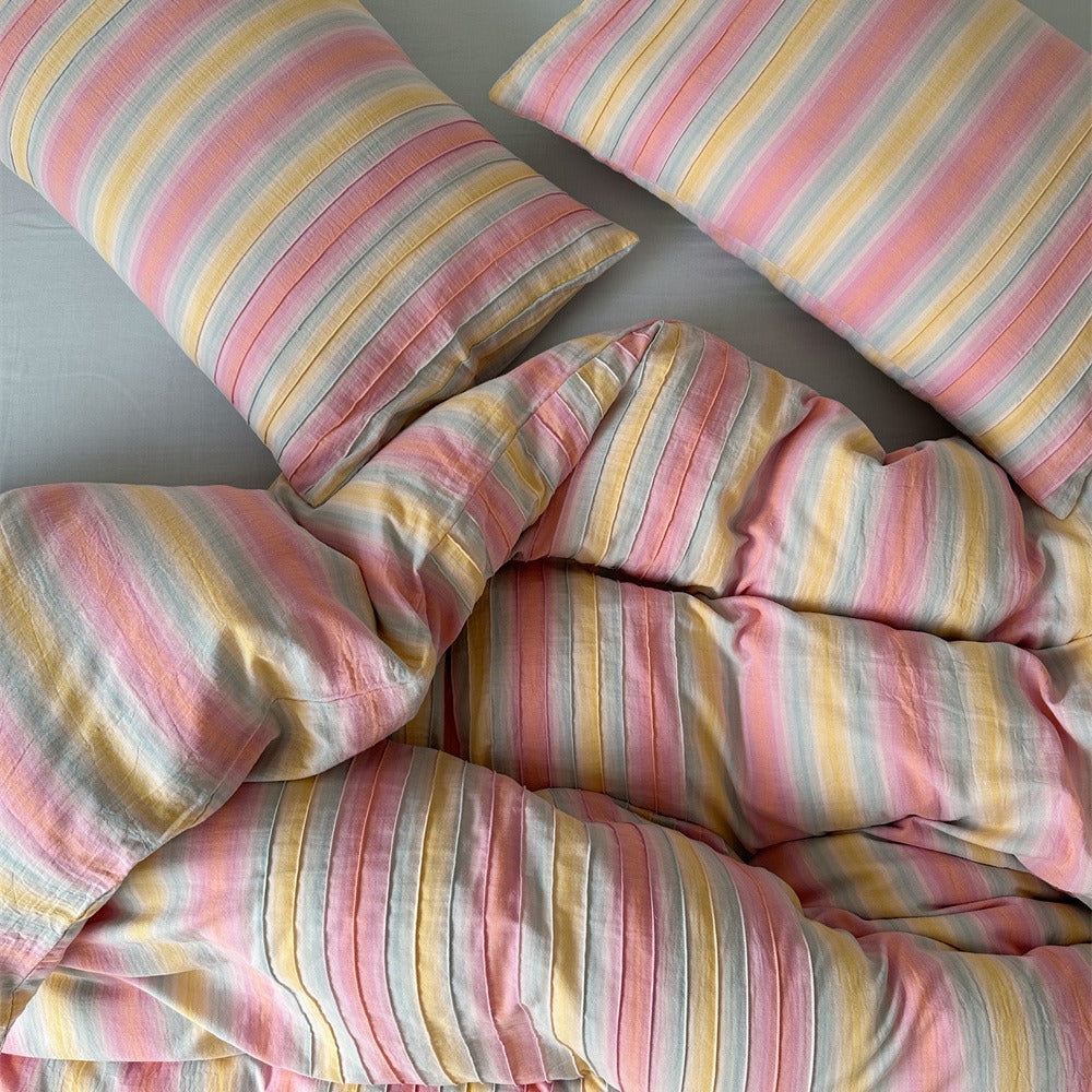 Pastel Striped Washed Cotton-Linen Duvet Cover Set with Matching Pillow Shams