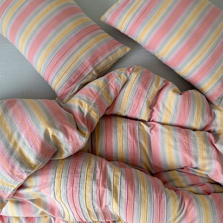 Pastel Striped Washed Cotton-Linen Duvet Cover Set with Matching Pillow Shams