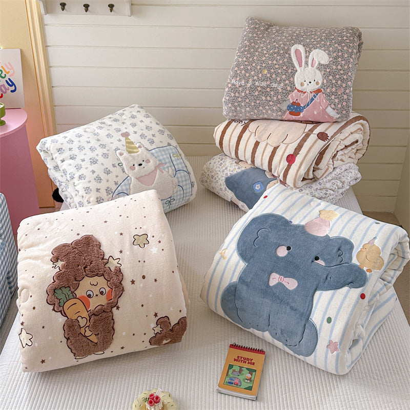 quilted cuddly blanket with 3D rabbit applique and floral microfiber cover