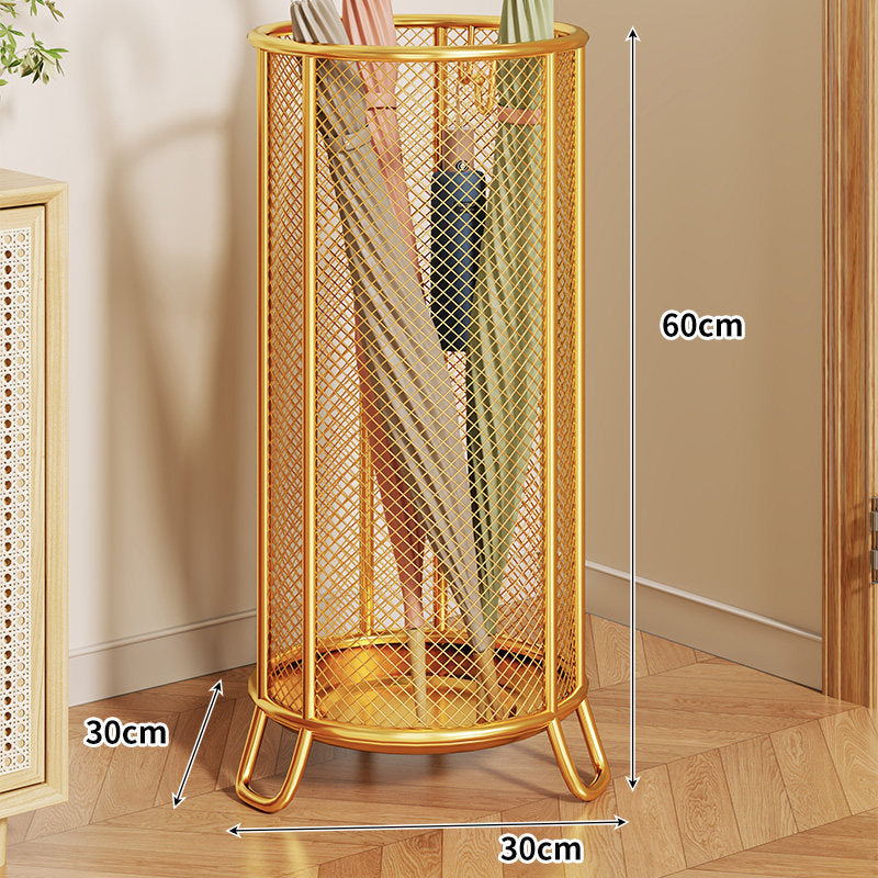 Cylindrical Perforated Metal Umbrella Stand with Raised Legs and Ventilated Mesh Body