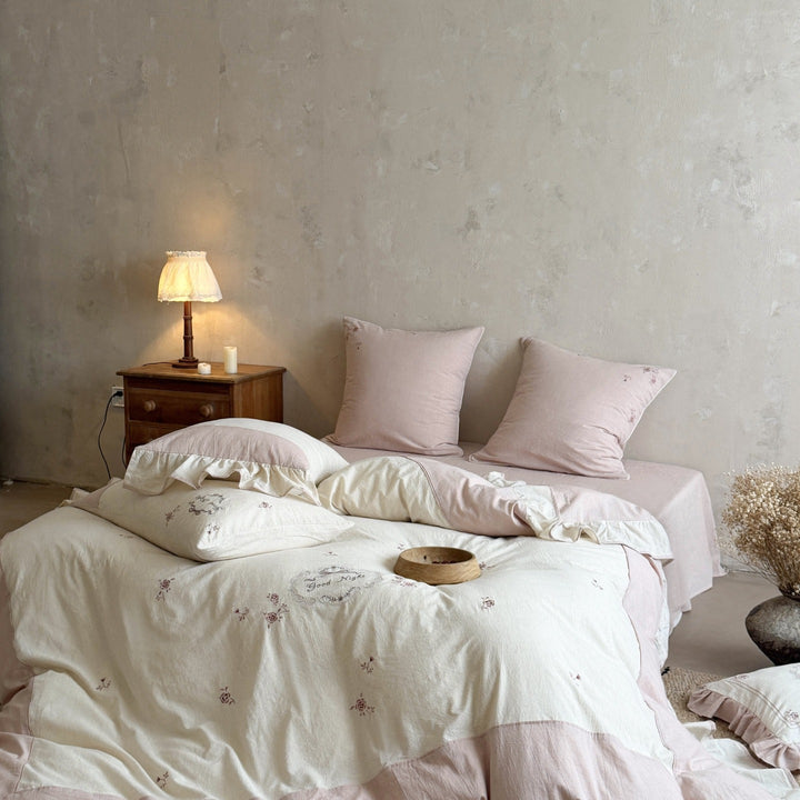 Embroidered Linen-Cotton Duvet Cover Set with Ruffled Shams & Decorative 'Good Night' Pillow