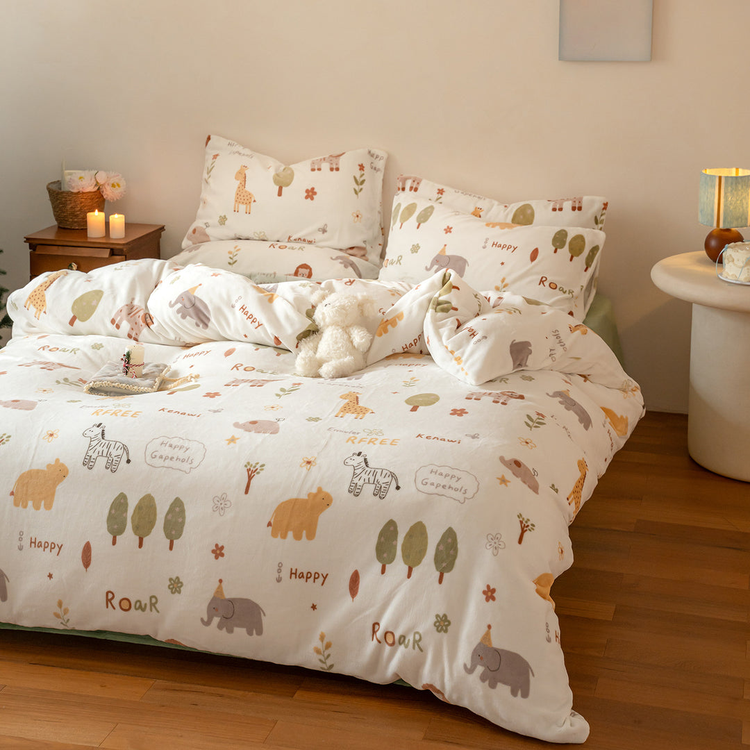 Soft flannel bedding set with checkered design and dog motifs