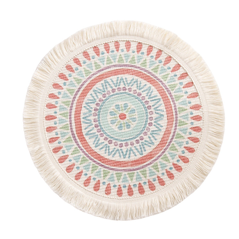 Beef flat-woven floor rug in Boho-Mandala design with cotton fringes