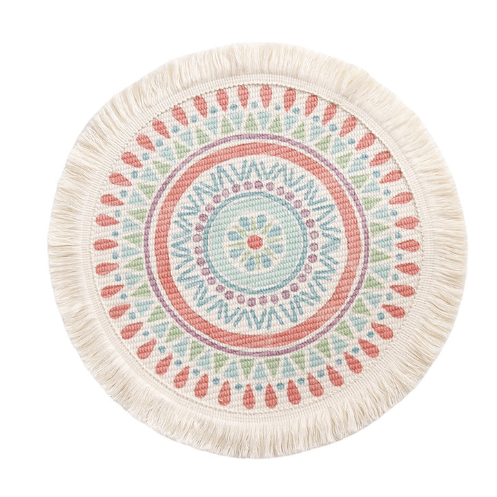 Beef flat-woven floor rug in Boho-Mandala design with cotton fringes
