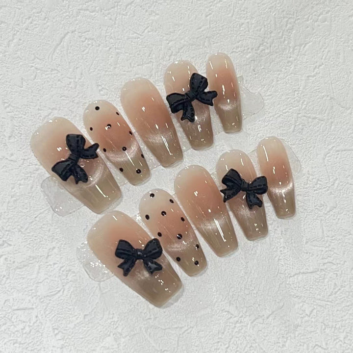 Stylish Long Press-On Nail Set with Bow Accents Stornfield