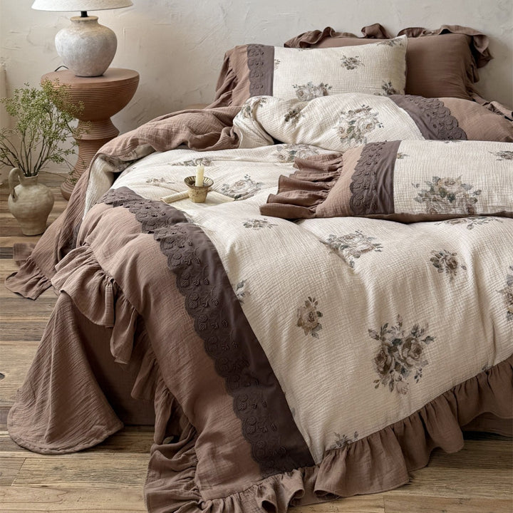 Ruffled Floral Cotton-Look Layered Duvet Cover Set with Embroidered Border