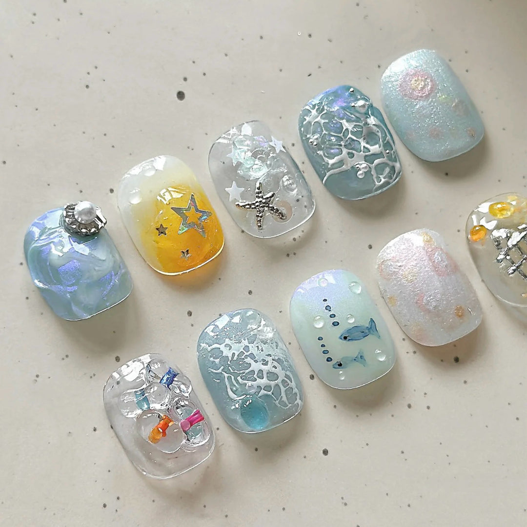 Decorative Press-On Nail Art Set with Oceanic Themes