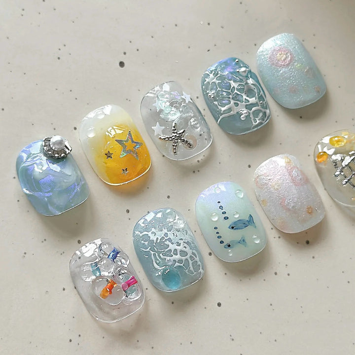 Decorative Press-On Nail Art Set with Oceanic Themes