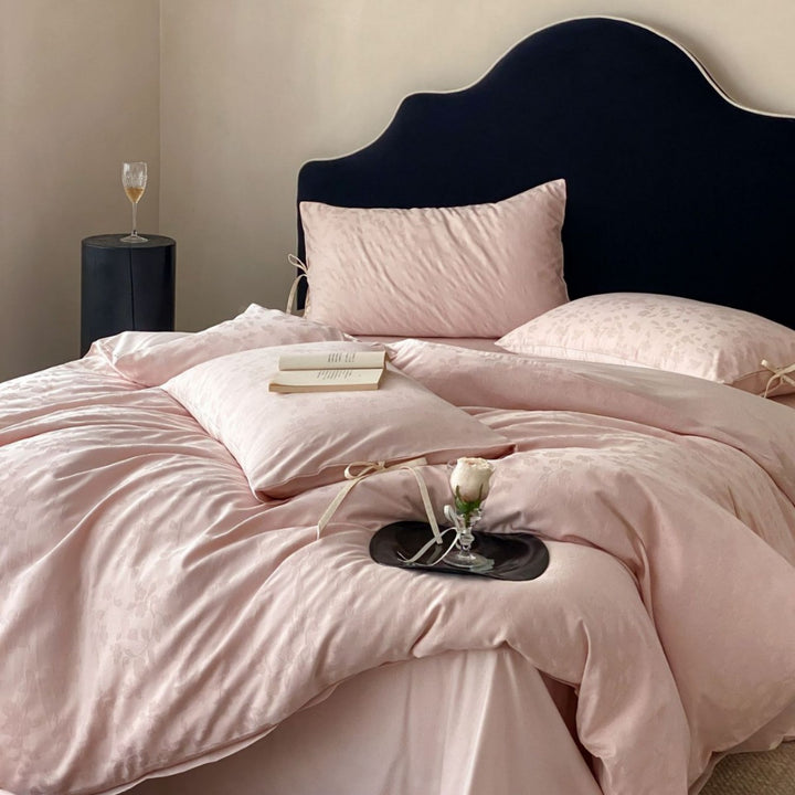 Floral Jacquard Satin-Feel Duvet Cover Set with Tie-Closure Pillow Shams