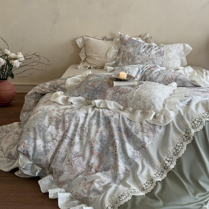 Ruffled Lace-Trim Floral Duvet Cover Set with Printed Panel & Frilled Shams