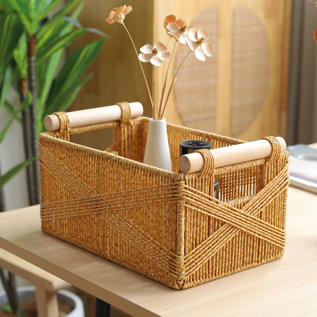 Unisex Functional Storage Basket with Ergonomic Wooden Handles Stornfield