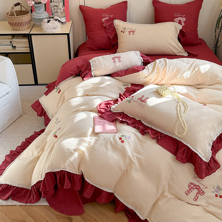 Vintage Cherry Embroidered Ruffled Cotton Duvet Cover Set