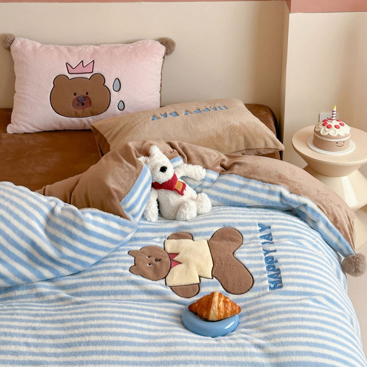 Striped Plush Reversible Comforter Set with Embroidered Mug and Pom-Pom Accents