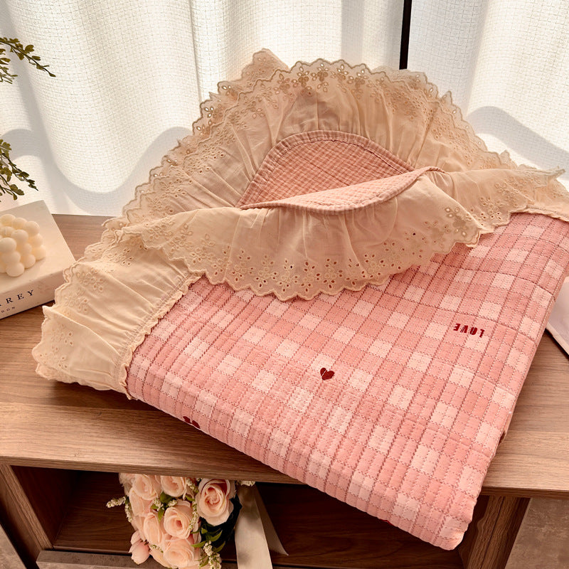 Quilted Floral Reversible Throw Blanket with Eyelet Lace Ruffle