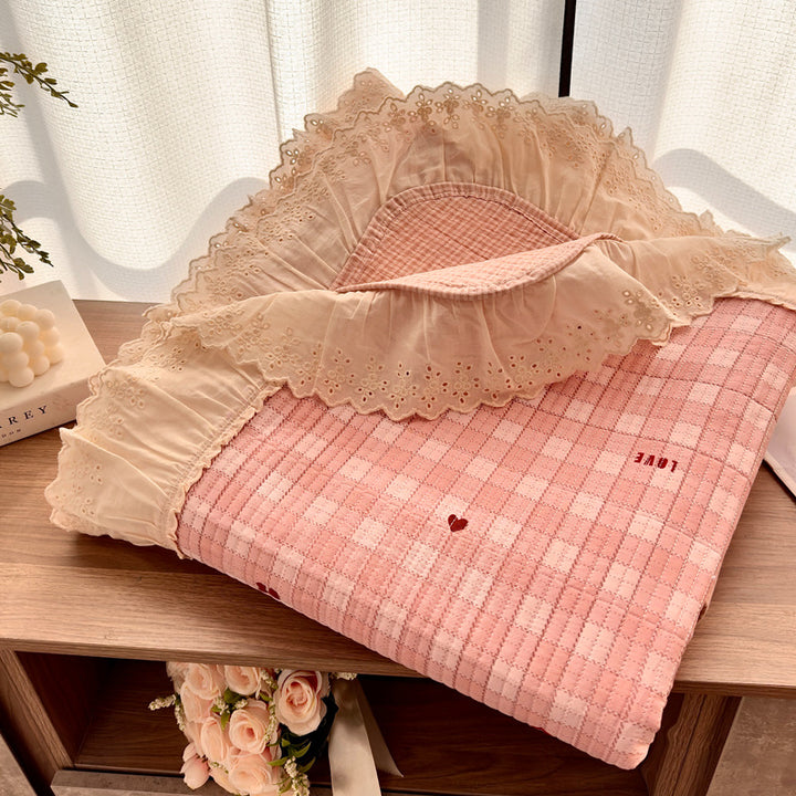 Quilted Floral Reversible Throw Blanket with Eyelet Lace Ruffle