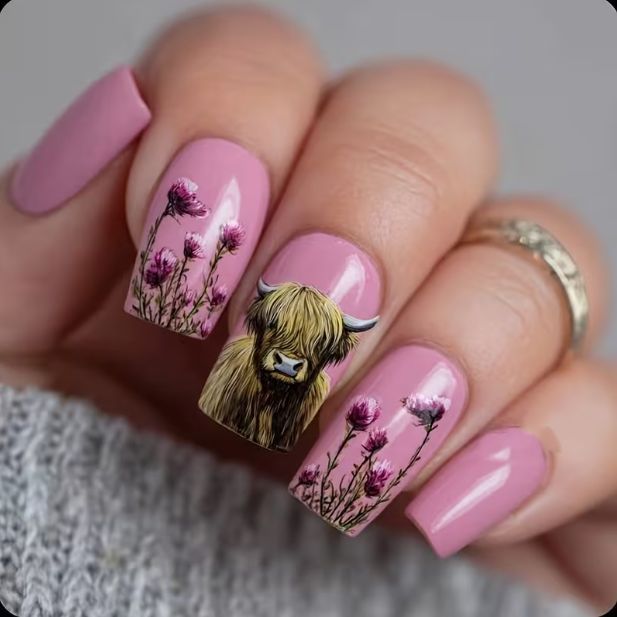 Floral-Themed Highland Cattle Nail Art Stornfield