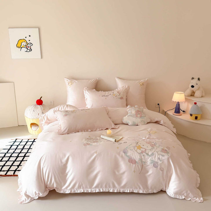 Satin-Effect Ruffled Duvet Cover Set with Embroidered Cartoon Motif