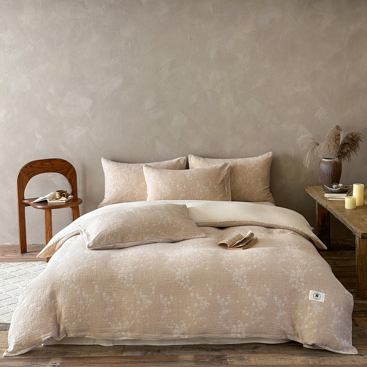 Jacquard Washed Linen-Cotton Duvet Cover Set with Decorative Pillow Shams