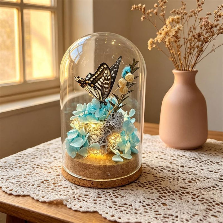 Glass Terrarium with Preserved Flowers and Butterfly
