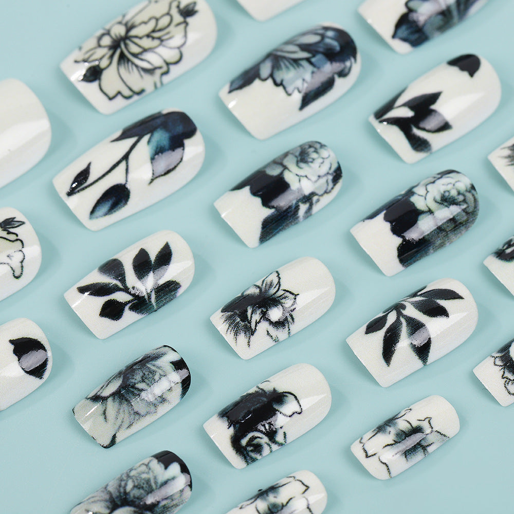 Artificial nails with floral black-and-white design Stornfield