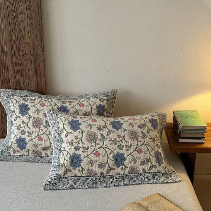 Embroidered Floral Cotton Pillowcase Shams Pair with Decorative Border