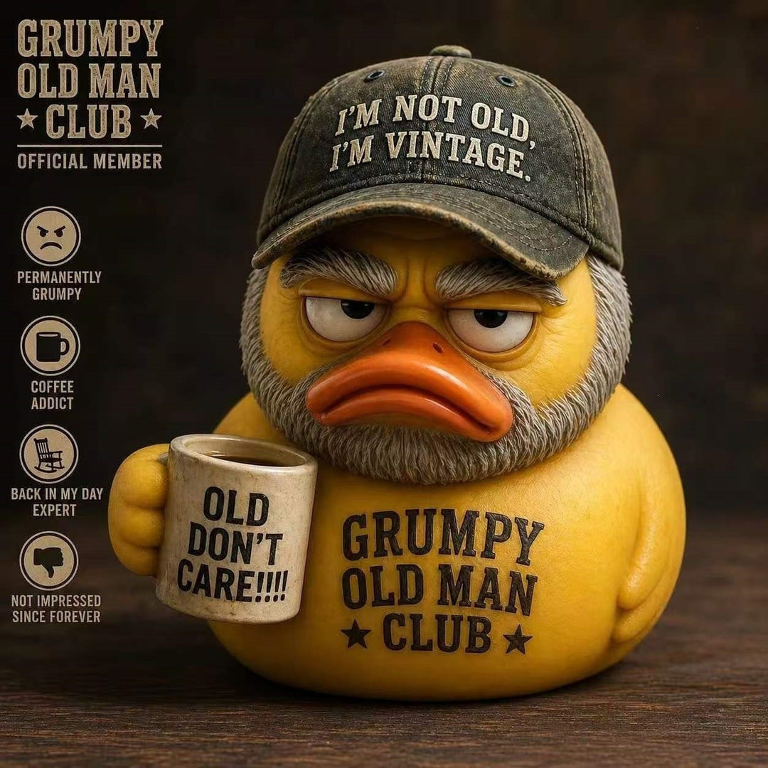 Funny rubber duck with vintage hat and cup Stornfield