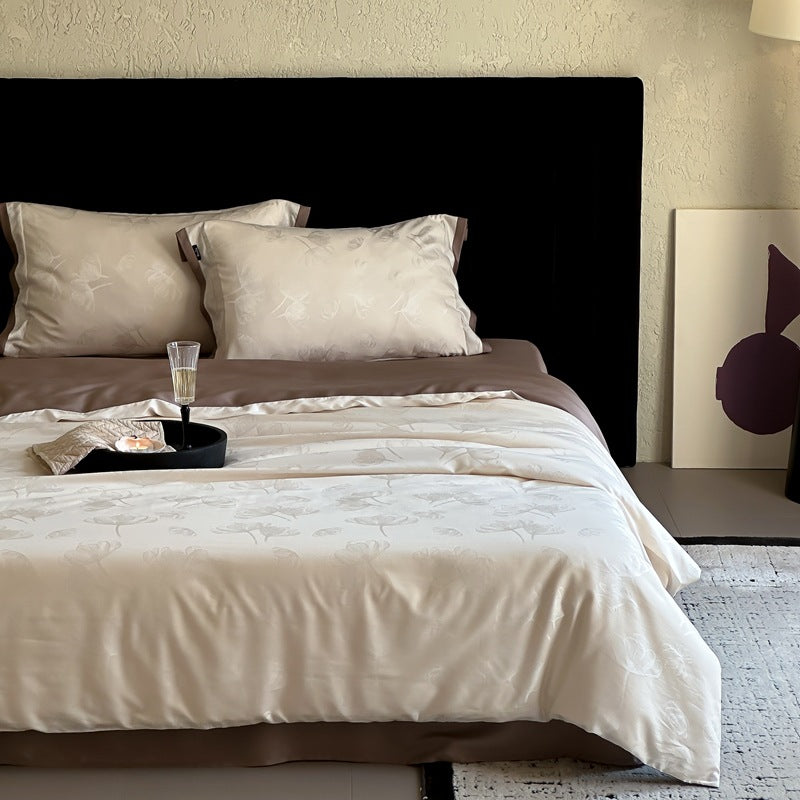 Luxurious satin bedding set with subtle floral jacquard