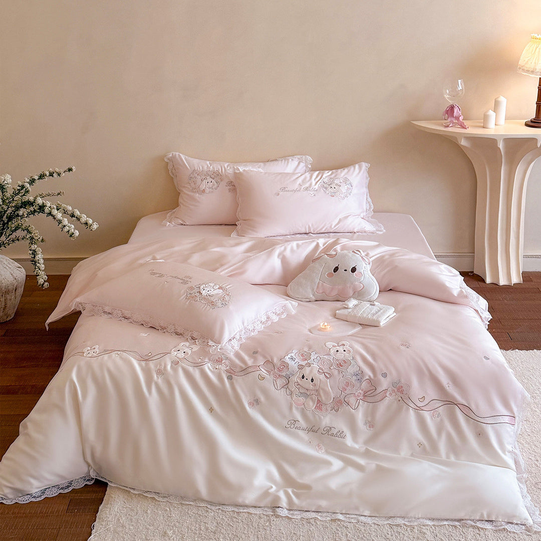 Children's Embroidered Bunny Cotton Duvet Cover Set with Lace-Trim Pillow Shams & Plush Decorative Cushion