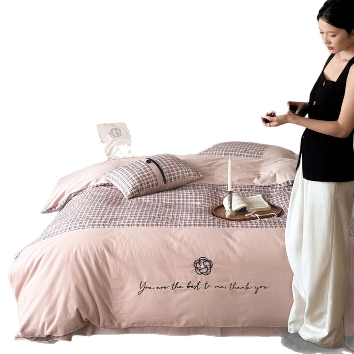 Reversible Plaid Cotton Sateen Duvet Cover Set with Embroidered Floral Appliqué & Tie Closures