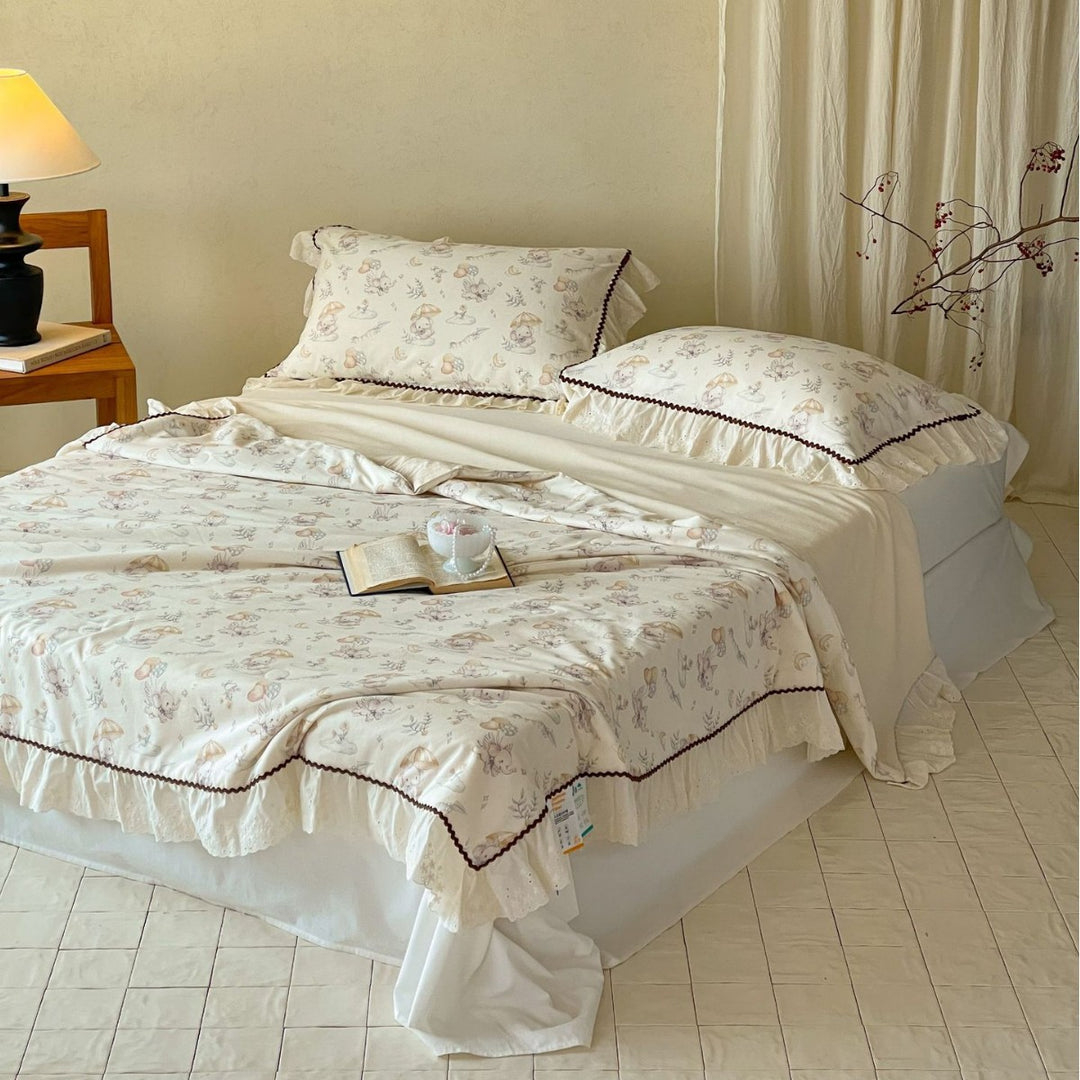 Ruffled Eyelet Floral Cotton Duvet Cover and Pillow Sham Set