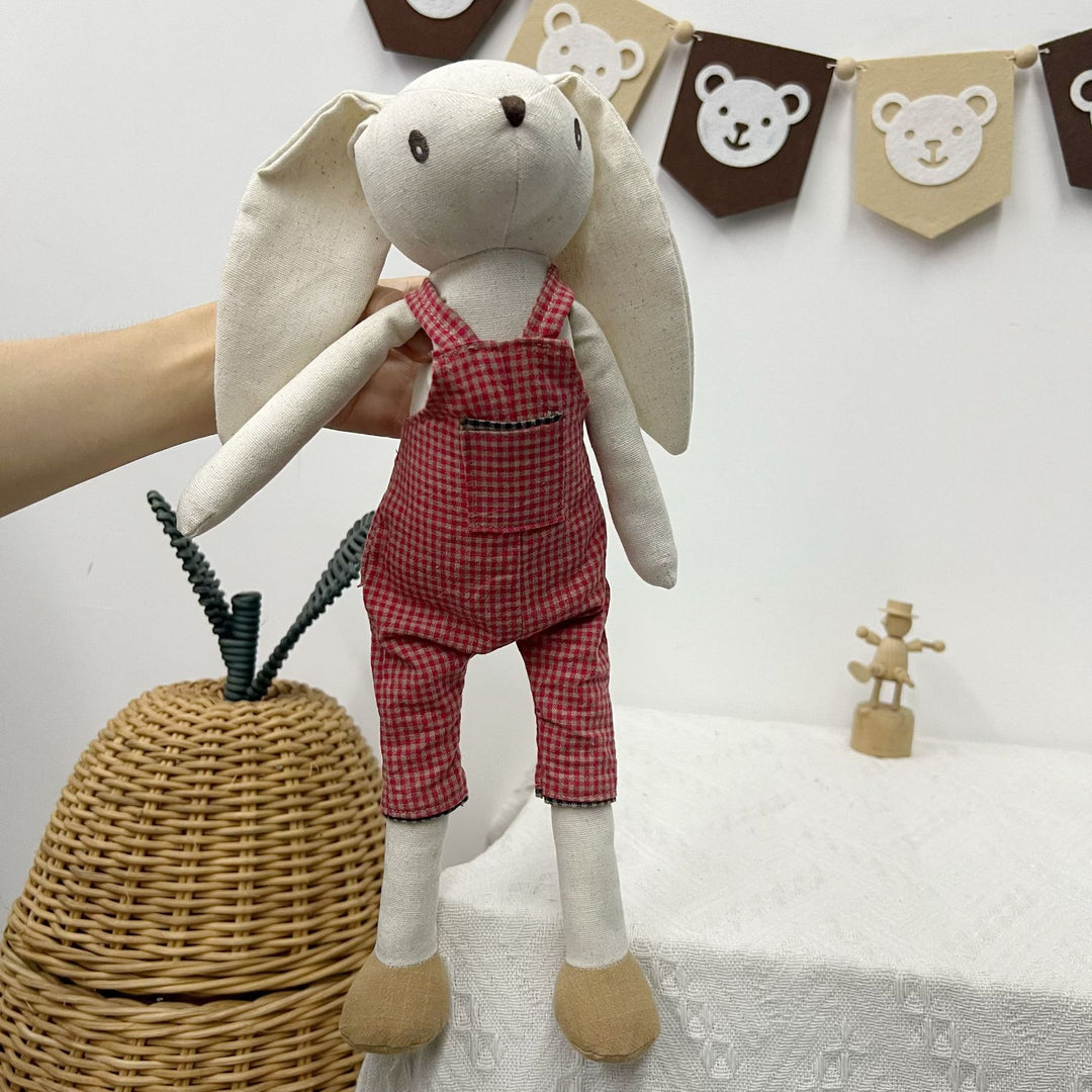 Plush Linen Bunny Doll with Long Ears Bow Tie and Removable Check Overalls