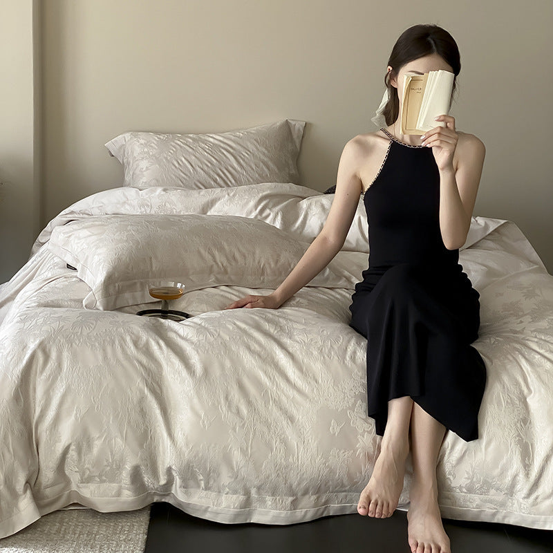Jacquard Sateen Duvet Cover Set with Subtle Botanical Damask & Deep-Pocket Shams