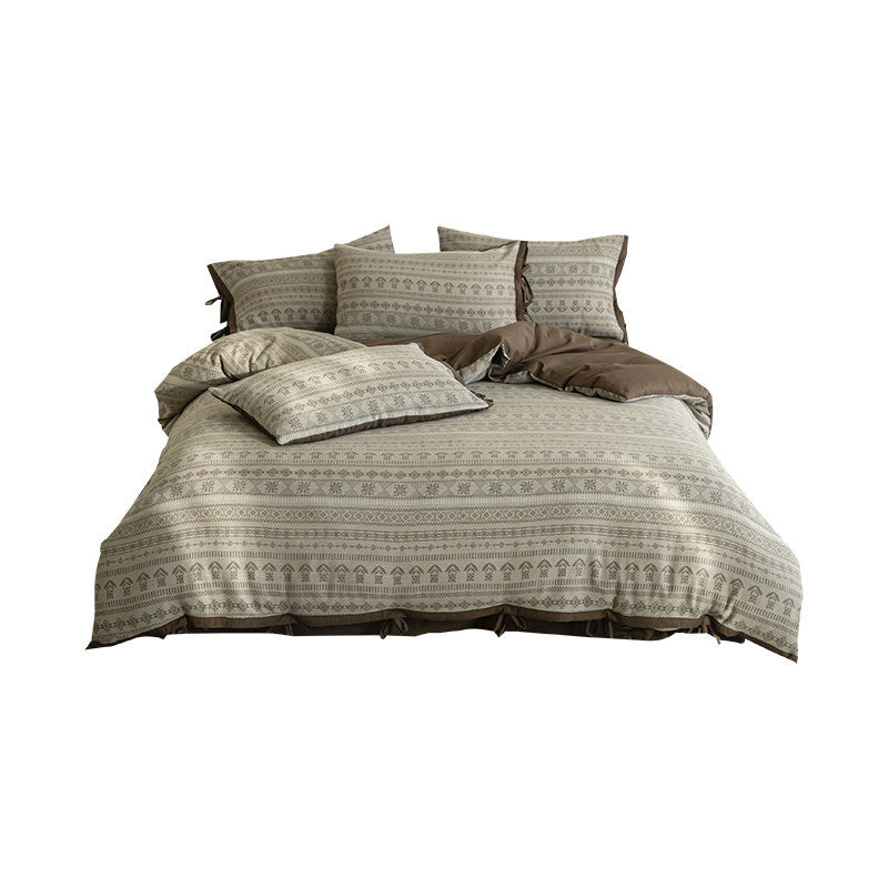 Reversible Cotton Duvet Cover Set with Geometric Jacquard and Tie-Trim Pillow Shams