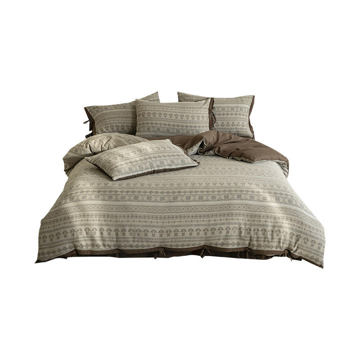 Reversible Cotton Duvet Cover Set with Geometric Jacquard and Tie-Trim Pillow Shams
