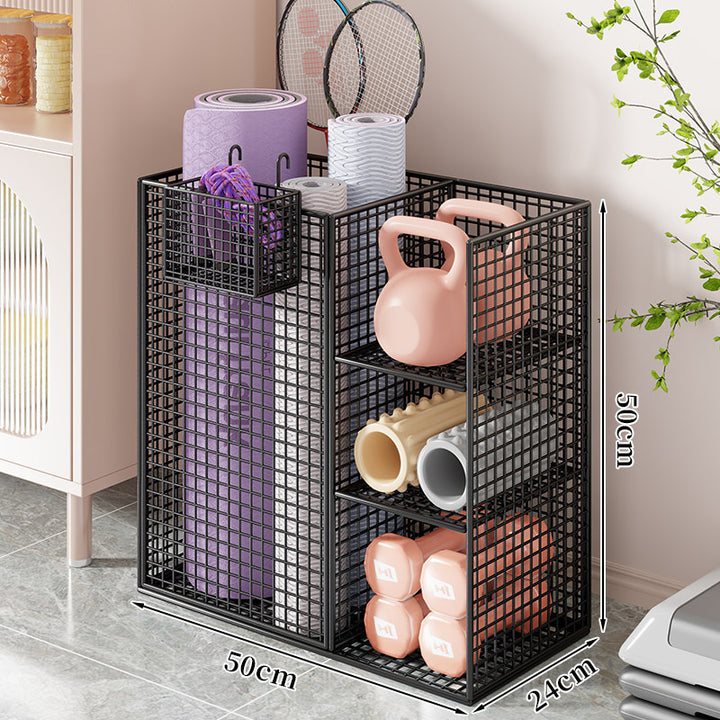 Mobile Wire Grid Home Gym Storage Tower with Multi-Compartment Shelves and Swivel Casters