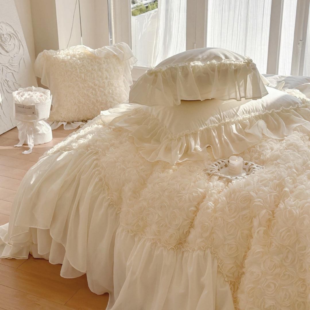 Romantic luxury bedding set with ruffles, rose appliqué, and frill