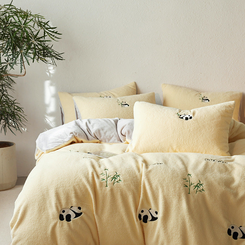 Bedding set with embroidered panda and bamboo design