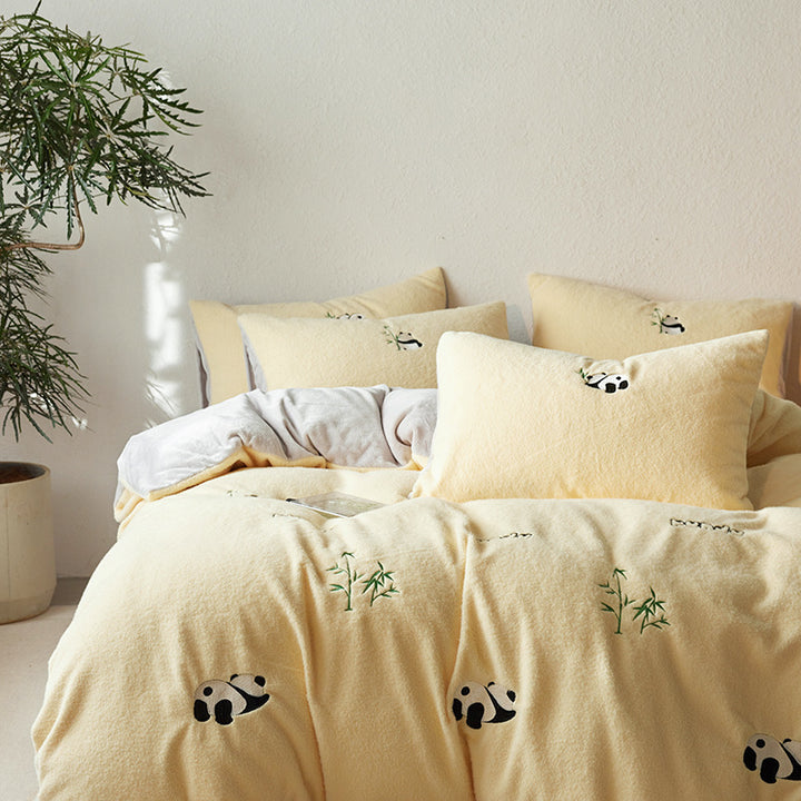 Bedding set with embroidered panda and bamboo design