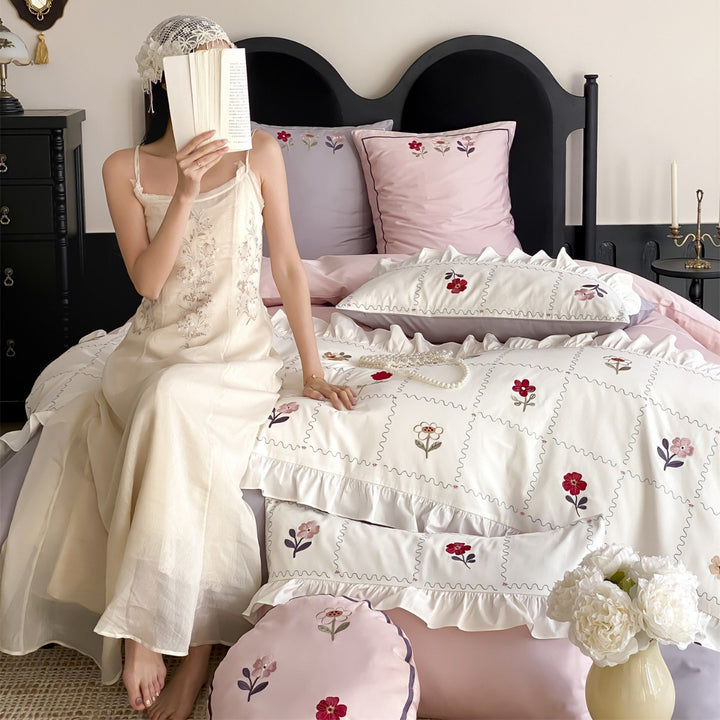 Romantic Ruffled Patchwork Embroidered Cotton Duvet Cover Set