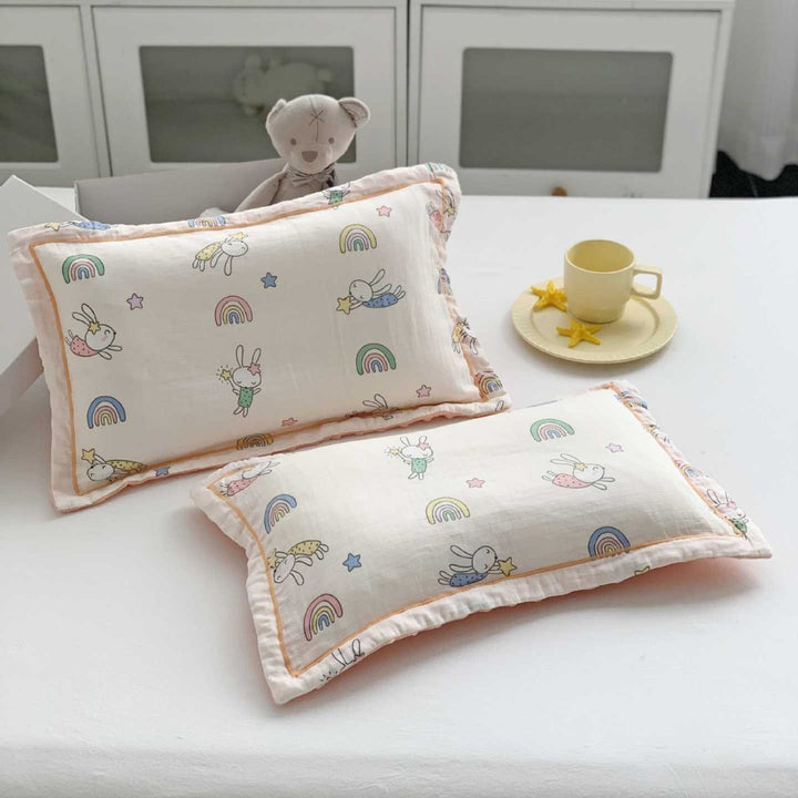 Baby Muslin Pillow Set with Bear Print & Soft Gauze Ruffled Edge
